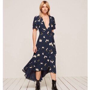 Reformation Layley Wrap Midi Dress Blue Opaline Floral XS‎ P